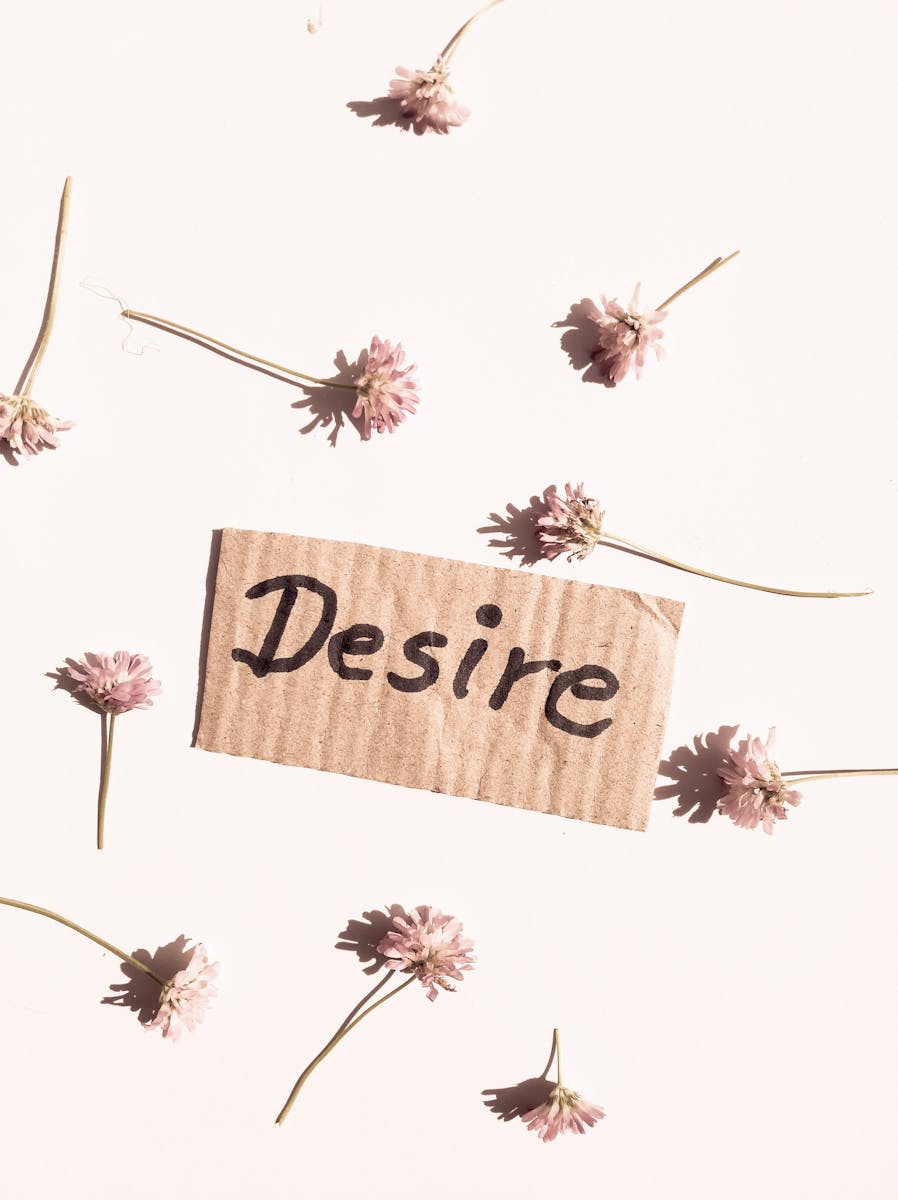 Top view of cardboard with Desire inscription placed on pink background with abundance of flowers with thin stalks in studio